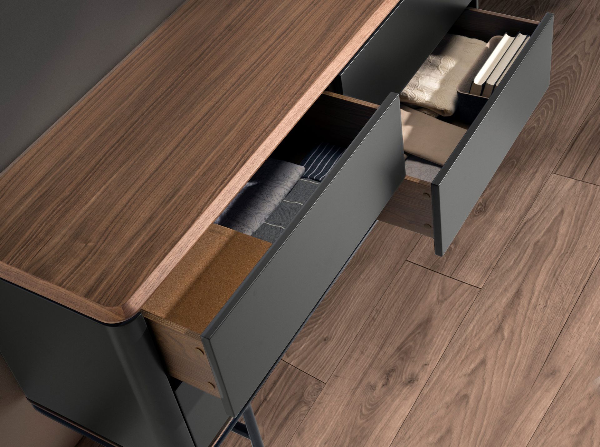 Cómoda madera gris oscuro, acero negro y tapa de nogal Cómoda madera gris oscuro, acero negro y tapa de nogal