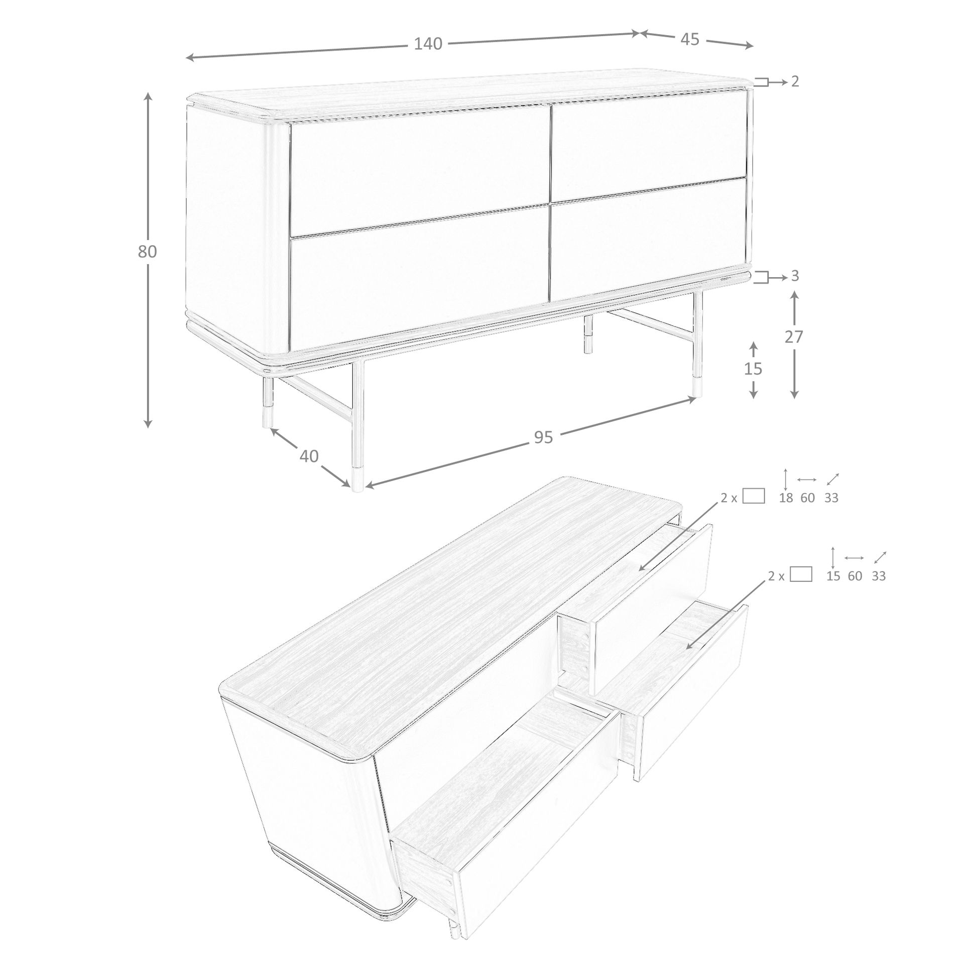Cómoda madera gris oscuro, acero negro y tapa de nogal Cómoda madera gris oscuro, acero negro y tapa de nogal