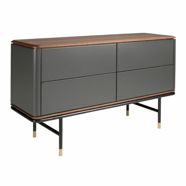 Cómoda madera gris oscuro, acero negro y tapa de nogal