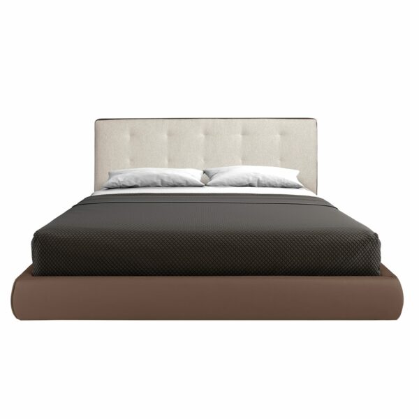 Cama capitoné tela color blanco roto y polipiel marrón
