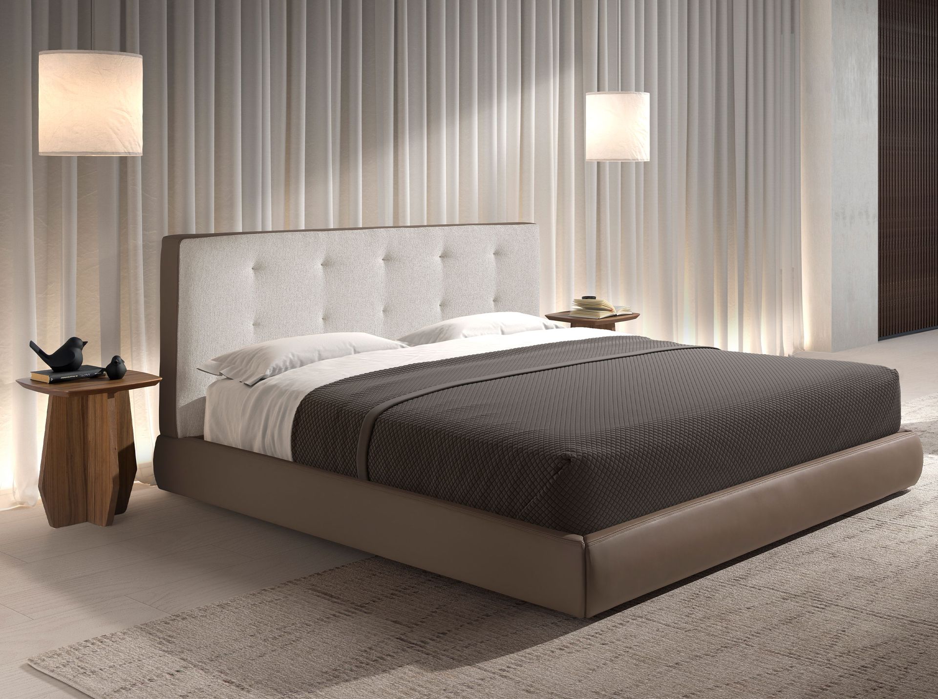 Cama capitoné tela color blanco roto y polipiel marrón Cama capitoné tela color blanco roto y polipiel marrón