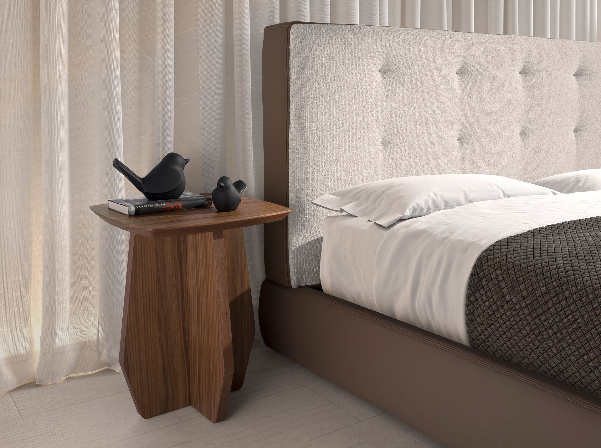Cama capitoné tela color blanco roto y polipiel marrón Cama capitoné tela color blanco roto y polipiel marrón