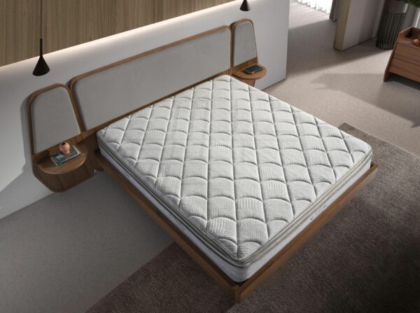 Cama nogal y tela color gris