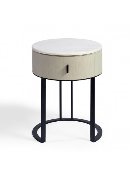 Mesita de noche redonda blanco grisáceo, piedra y metal negro Mesita de noche redonda blanco grisáceo, piedra y metal negro - Imagen 2