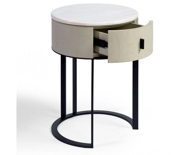 Mesita de noche redonda blanco grisáceo, piedra y metal negro Mesita de noche redonda blanco grisáceo, piedra y metal negro - Imagen 3