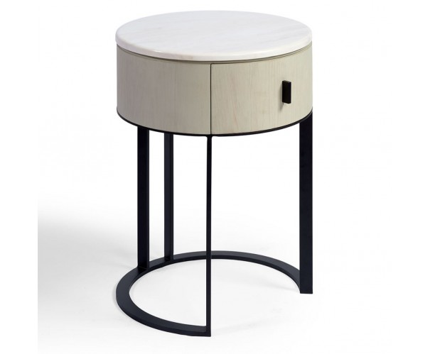 Mesita de noche redonda blanco grisáceo, piedra y metal negro Mesita de noche redonda blanco grisáceo, piedra y metal negro - Imagen 4