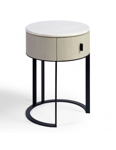 Mesita de noche redonda blanco grisáceo, piedra y metal negro Mesita de noche redonda blanco grisáceo, piedra y metal negro