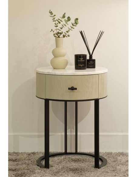 Mesita de noche redonda blanco grisáceo, piedra y metal negro Mesita de noche redonda blanco grisáceo, piedra y metal negro - Imagen 2