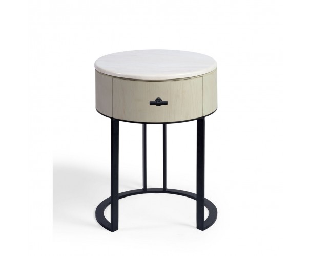 Mesita de noche redonda blanco grisáceo, piedra y metal negro Mesita de noche redonda blanco grisáceo, piedra y metal negro - Imagen 3