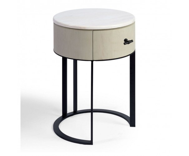 Mesita de noche redonda blanco grisáceo, piedra y metal negro Mesita de noche redonda blanco grisáceo, piedra y metal negro - Imagen 4