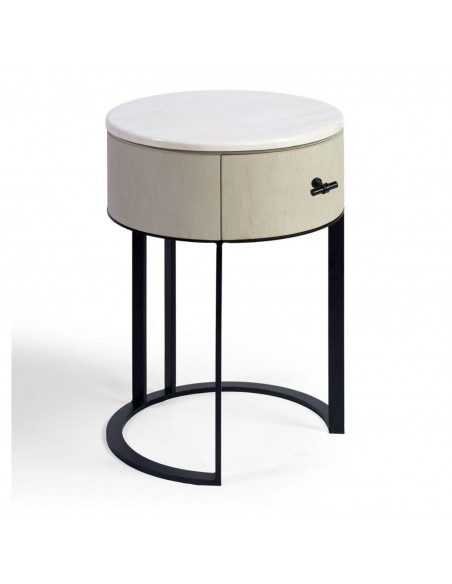 Mesita de noche redonda blanco grisáceo, piedra y metal negro Mesita de noche redonda blanco grisáceo, piedra y metal negro