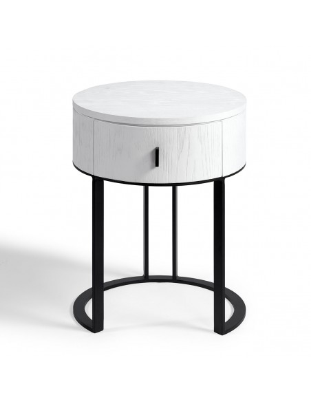 Mesita de noche redonda roble blanco y metal negro Mesita de noche redonda roble blanco y metal negro - Imagen 2