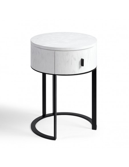 Mesita de noche redonda roble blanco y metal negro Mesita de noche redonda roble blanco y metal negro