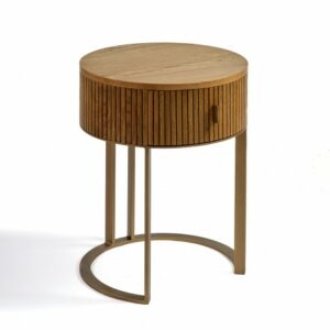 Mesita de noche redonda alistonada roble natural y metal dorado