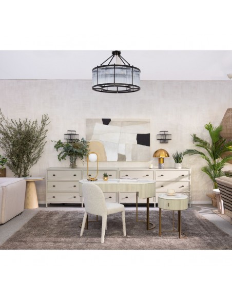 Mesita de noche redonda alistonada roble blanco grisáceo y metal dorado Mesita de noche redonda alistonada roble blanco grisáceo y metal dorado - Imagen 3