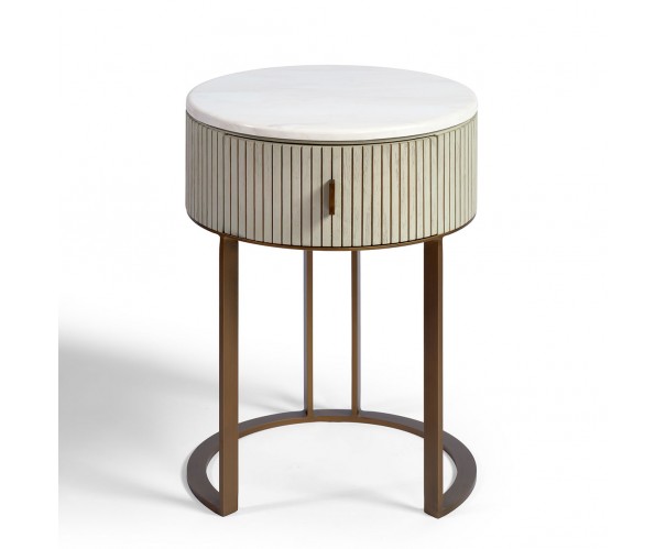 Mesita de noche redonda alistonada roble blanco grisáceo y metal dorado Mesita de noche redonda alistonada roble blanco grisáceo y metal dorado - Imagen 4