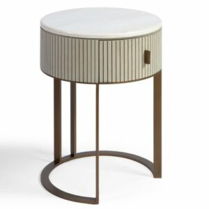 Mesita de noche redonda alistonada roble blanco grisáceo y metal dorado Mesita de noche redonda alistonada roble blanco grisáceo y metal dorado