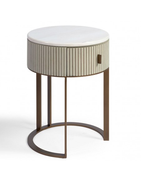 Mesita de noche redonda alistonada roble blanco grisáceo y metal dorado Mesita de noche redonda alistonada roble blanco grisáceo y metal dorado