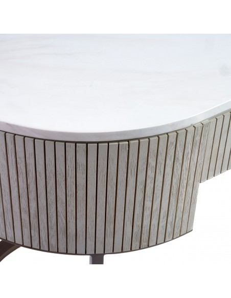 Consola madera efecto alistonada roble blanco grisáceo, piedra y metal dorado Consola madera efecto alistonada roble blanco grisáceo, piedra y metal dorado