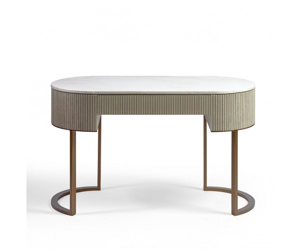 Consola madera efecto alistonada roble blanco grisáceo, piedra y metal dorado Consola madera efecto alistonada roble blanco grisáceo, piedra y metal dorado