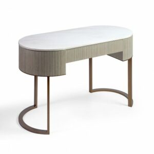 Consola madera efecto alistonada roble blanco grisáceo, piedra y metal dorado