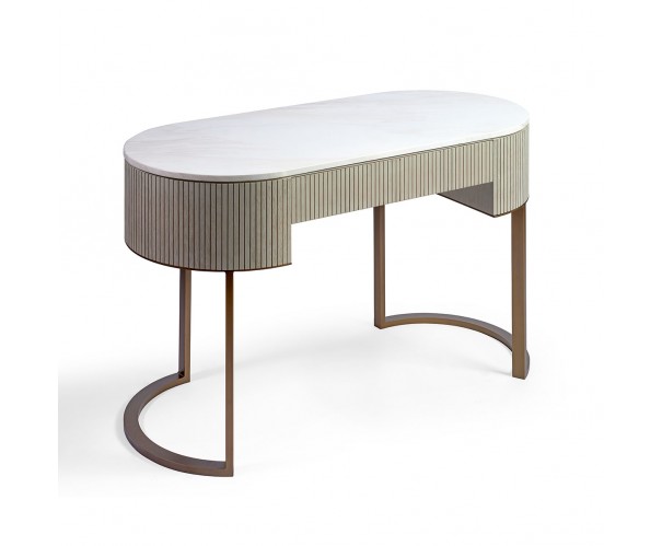 Consola madera efecto alistonada roble blanco grisáceo, piedra y metal dorado Consola madera efecto alistonada roble blanco grisáceo, piedra y metal dorado