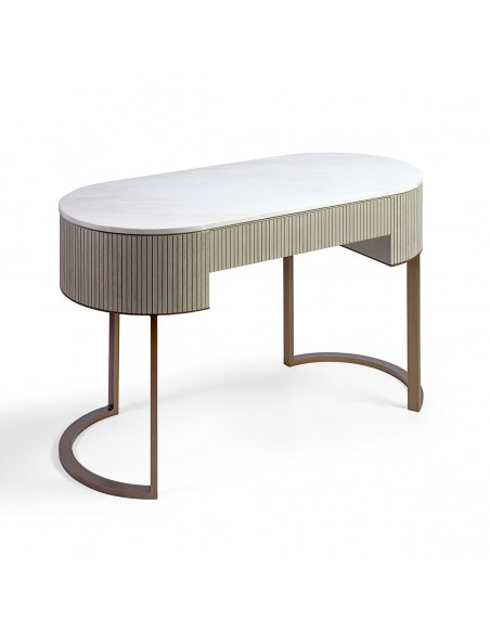 Consola madera efecto alistonada roble blanco grisáceo, piedra y metal dorado Consola madera efecto alistonada roble blanco grisáceo, piedra y metal dorado