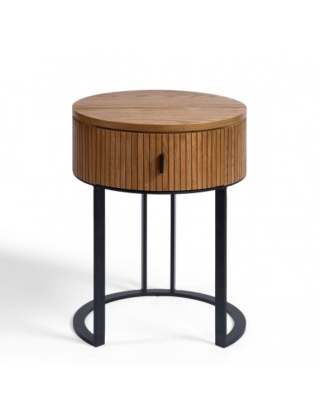 Mesita de noche redonda efecto alistonado de roble natural y metal negro Mesita de noche redonda efecto alistonado de roble natural y metal negro - Imagen 2