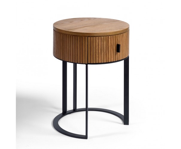 Mesita de noche redonda efecto alistonado de roble natural y metal negro Mesita de noche redonda efecto alistonado de roble natural y metal negro - Imagen 4