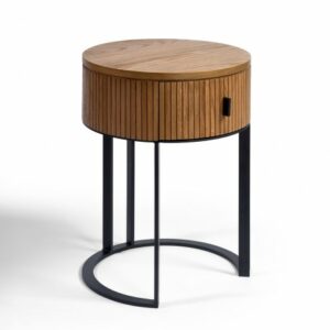 Mesita de noche redonda efecto alistonado de roble natural y metal negro Mesita de noche redonda efecto alistonado de roble natural y metal negro