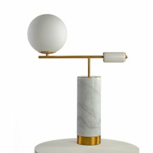 Lámpara de sobremesa metal dorado y mármol, bola de cristal Lámpara de sobremesa metal dorado y mármol, bola de cristal