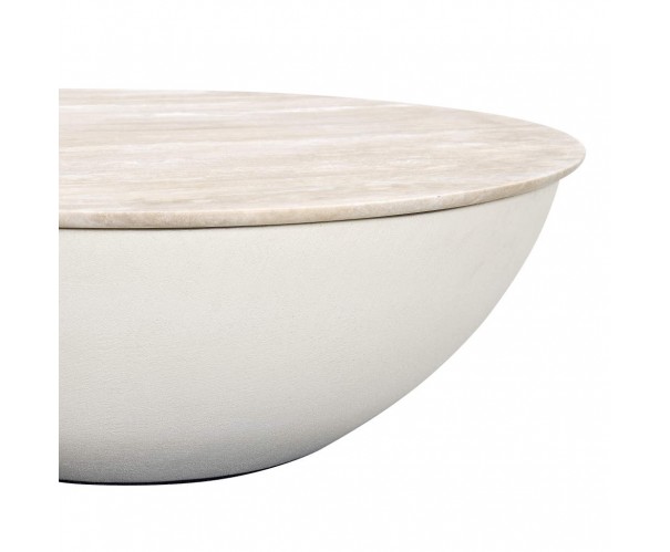 Mesa de centro redonda de microcemento y travertino. Mesa de centro redonda de microcemento y travertino.