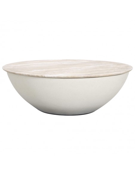 Mesa de centro redonda de microcemento y travertino. Mesa de centro redonda de microcemento y travertino.