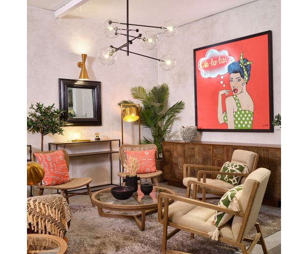 Mesa de centro redonda tres patas, roble natural y cristal Mesa de centro redonda tres patas, roble natural y cristal