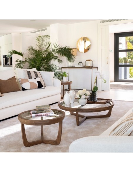 Mesa de centro redonda tres patas, roble natural y cristal Mesa de centro redonda tres patas, roble natural y cristal