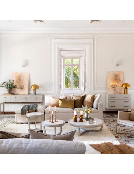 Mesa de centro redonda grande roble grisáceo y piedra Mesa de centro redonda grande roble grisáceo y piedra