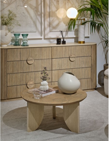 Mesa de centro en fresno y travertino beig mate. Mesa de centro en fresno y travertino beig mate.