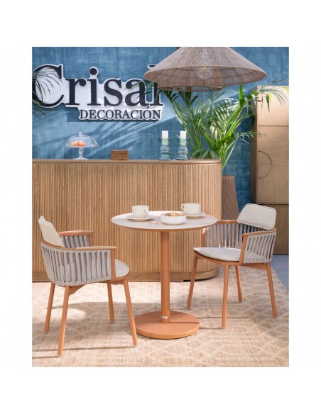 Mesa de comedor redonda color arenisca y cerámica travertino Mesa de comedor redonda color arenisca y cerámica travertino