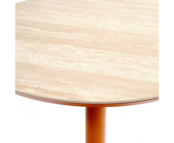 Mesa de comedor redonda color arenisca y cerámica travertino Mesa de comedor redonda color arenisca y cerámica travertino