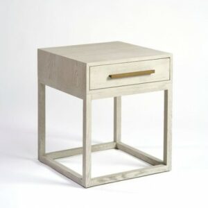 Mesita de noche acabado en roble con acabado blanco grisáceo.