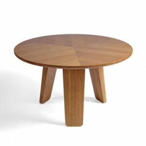 Mesa de comedor redonda acabada en roble claro con 3 patas