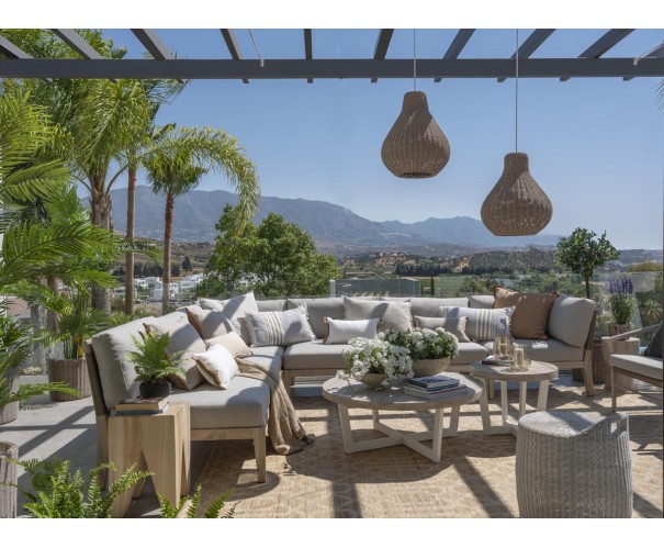 Mesa auxiliar redonda de teca blanqueada yaluminio gris claro Mesa auxiliar redonda de teca blanqueada yaluminio gris claro