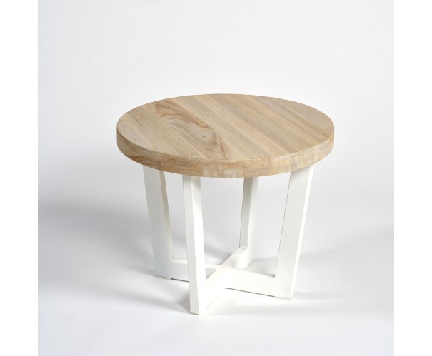 Mesa auxiliar redonda de teca blanqueada yaluminio gris claro Mesa auxiliar redonda de teca blanqueada yaluminio gris claro
