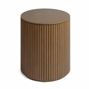 Mesa auxiliar cilíndrica acabada en roble natural efecto palillería