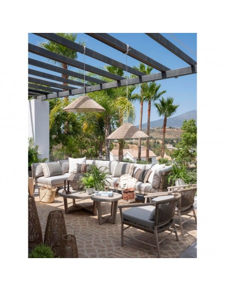 Mesa auxiliar redonda con pata y sobre de madera de teka Mesa auxiliar redonda con pata y sobre de madera de teka