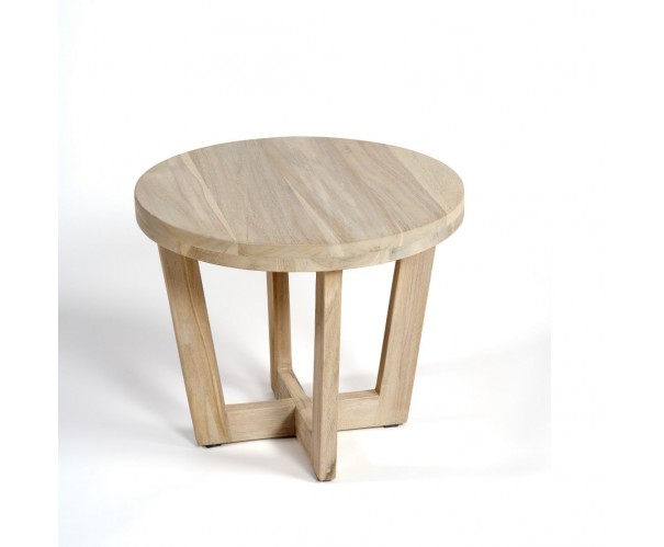 Mesa auxiliar redonda con pata y sobre de madera de teka Mesa auxiliar redonda con pata y sobre de madera de teka