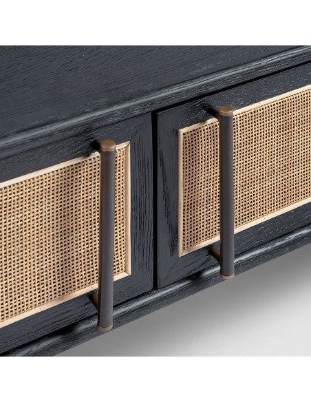 Aparador de TV roble negro y puertas ratán natural Aparador de TV roble negro y puertas ratán natural