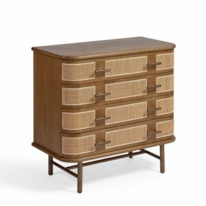 Aparador roble cajones con frontales ratán natural y tiradores dorados