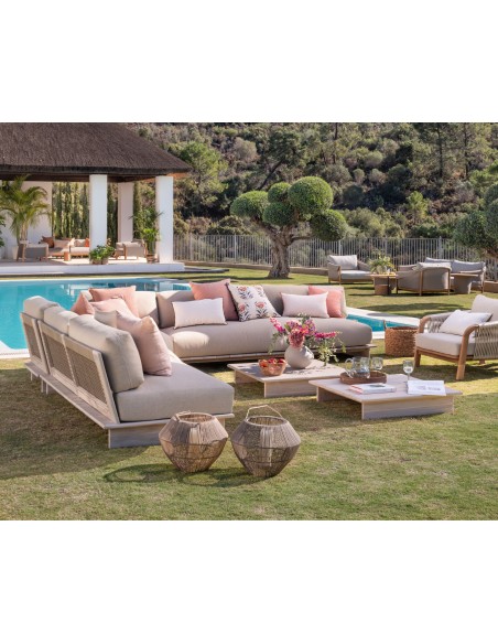 Sofá modular para exterior esquina cuerda y madera de teca blanqueada Sofá modular para exterior esquina cuerda y madera de teca blanqueada