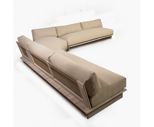 Sofá modular para exterior esquina cuerda y madera de teca blanqueada Sofá modular para exterior esquina cuerda y madera de teca blanqueada